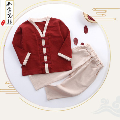 汉元素童装2020春秋新款小童复古改良唐装儿童棉麻长袖汉服童套装|ru