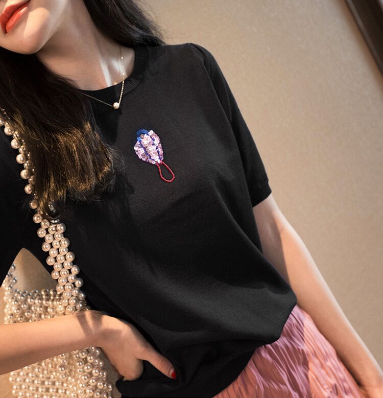 Japanese Style Short-Sleeved Knitted T-Shirt Women's Handmade Shirt with Sequins and Balloon