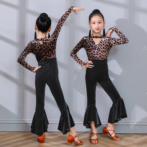 girl's leopard Latin competition dress, latin dance tops and pants children's Latin training dress, Latin grading dress and dance skirt
