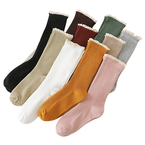 Duidui Socks for Women Japanese Double-needle Vertical Striped Lace Small Lace Women's Socks Autumn and Winter Solid Color Short Boot Socks Wholesale