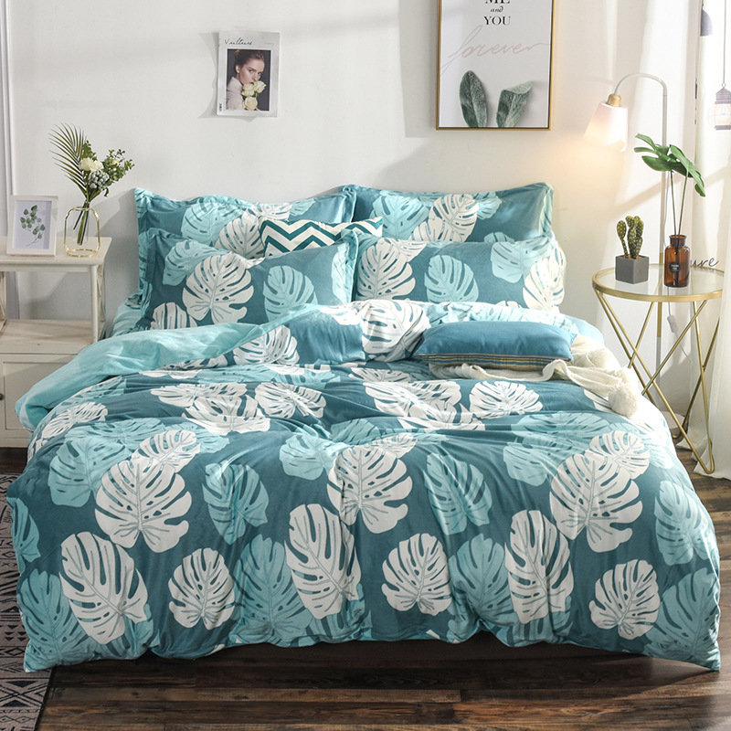 秋冬保暖法蘭絨被套法萊水晶絨印花四件套保暖四件套秋冬套件禮品