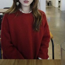 2022韓國秋冬季復古圓領套頭加厚羊毛衫打底衫寬松酒紅色棗紅毛衣