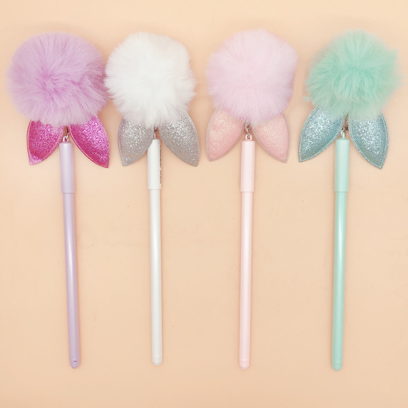 日韩可爱兔子耳朵毛球吊坠中性笔黑色水笔挂件笔学生礼品针管笔|ms