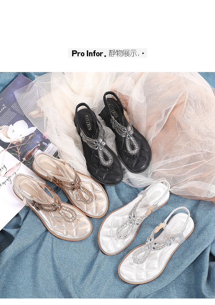 Cross-border rhinestone flat sandals, Yirun large-sized Korean style flat heels with culowed-out Bohemian style comfortable women's shoes for summer undefined