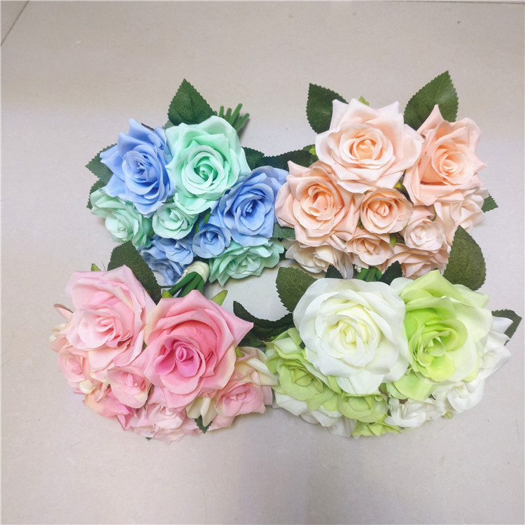 9头仿真玫瑰花束 婚庆手捧花 家居饰品 出口绢花  批发|ms