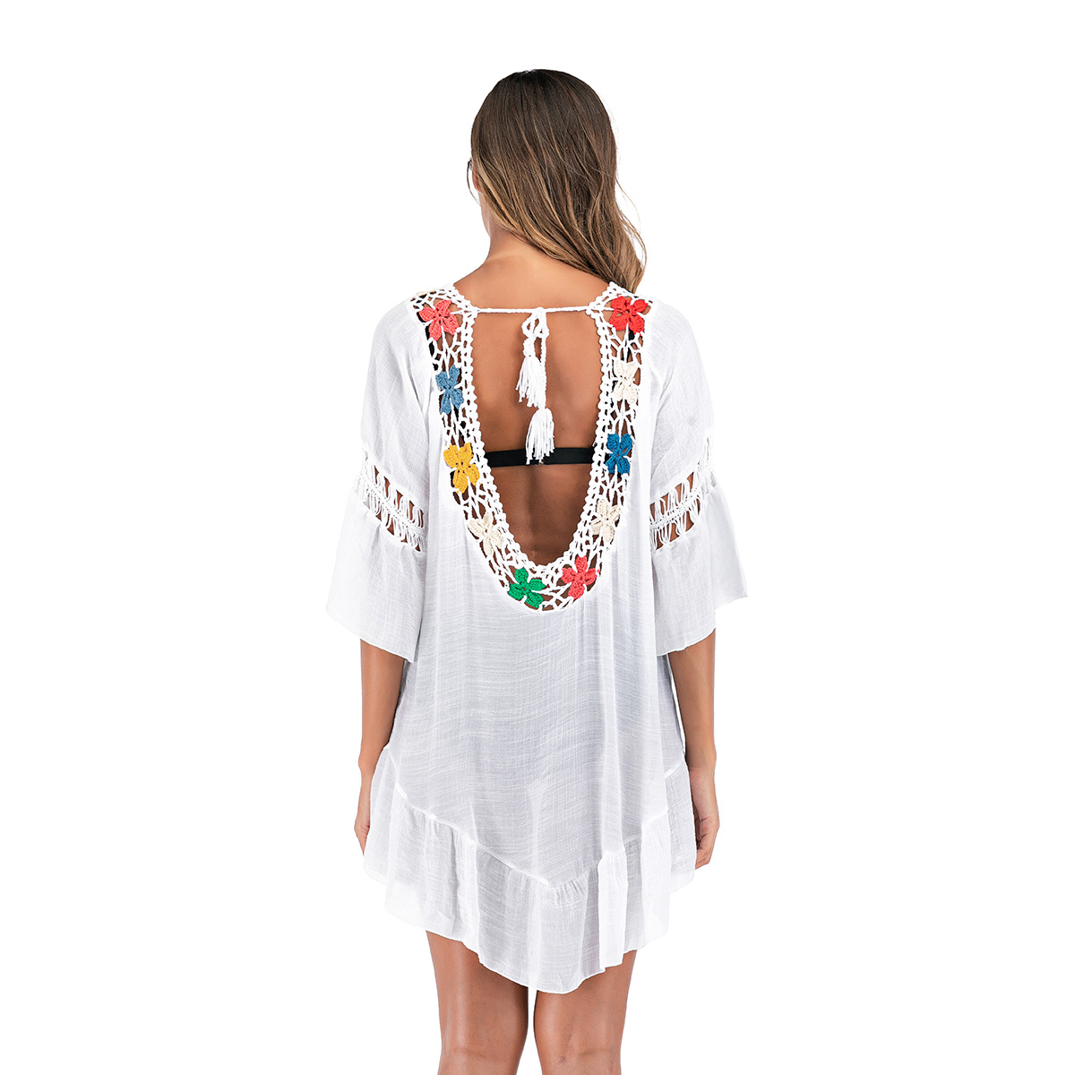 2020跨境新款性感露背手勾花朵沙灘罩衫 度假風(fēng)比基尼防曬衣 批發(fā)