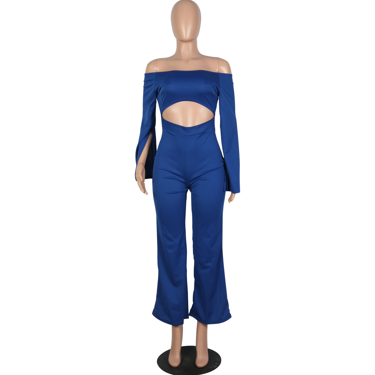 Boutique Casual Solid Color Long Sleeves Cropped off Shoulder Jumpsuit