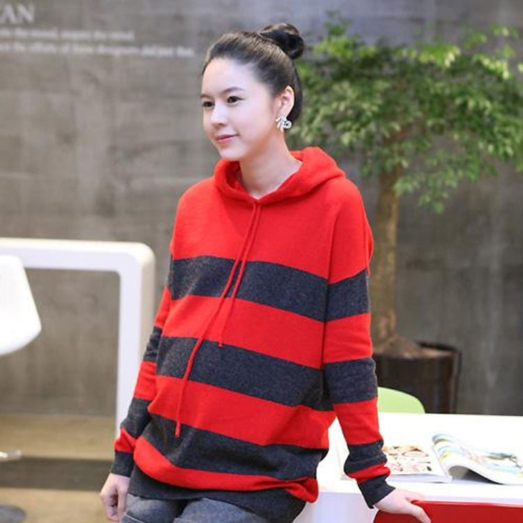 Korean Edition maternity dress fashion maternity dress stripe Hooded Fine cotton Sweater pregnant woman sweater pregnant woman Sweater