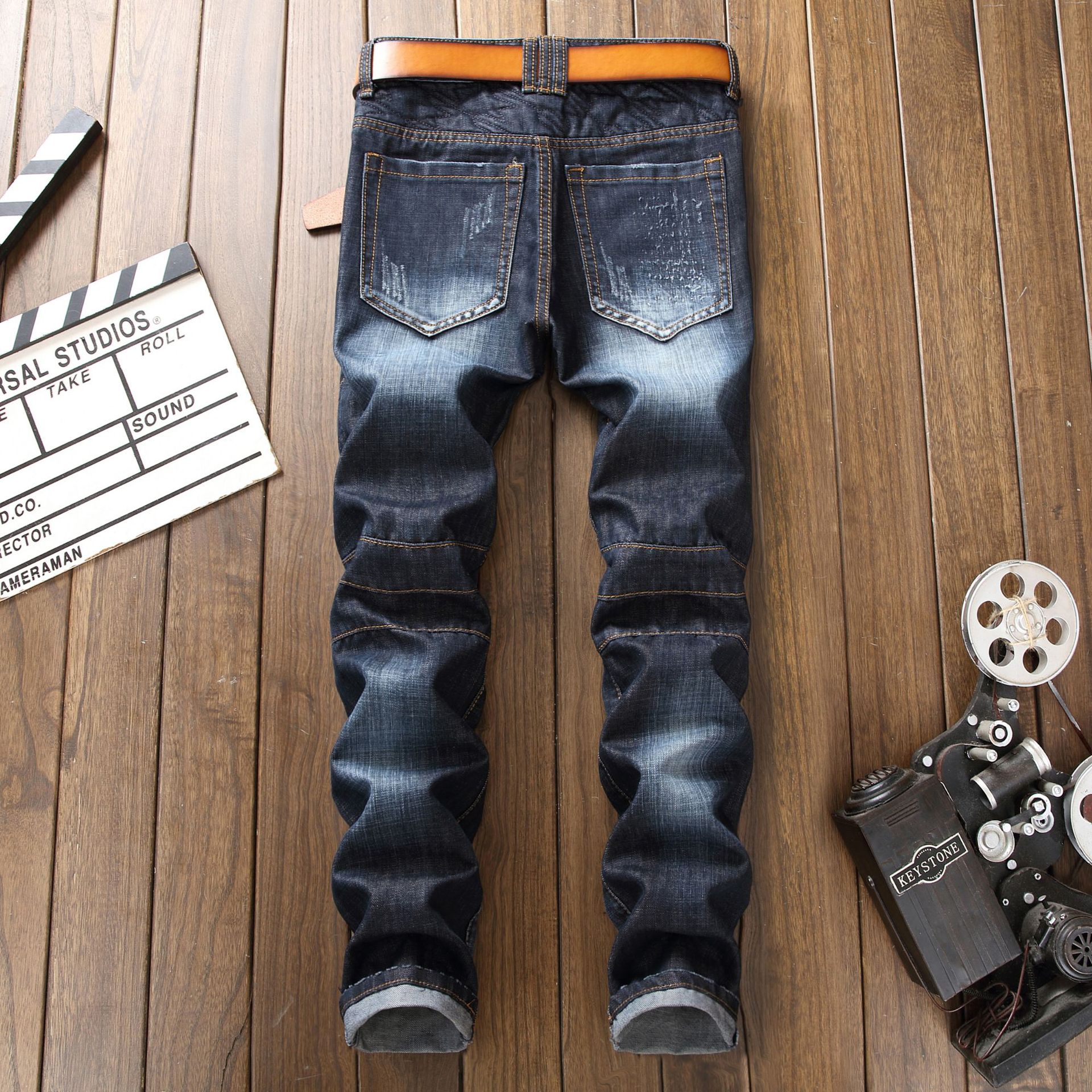 Jeans da uomo stile elastico con cuciture a compressione Zou piccoli jeans a gamba dritta_voghion.com