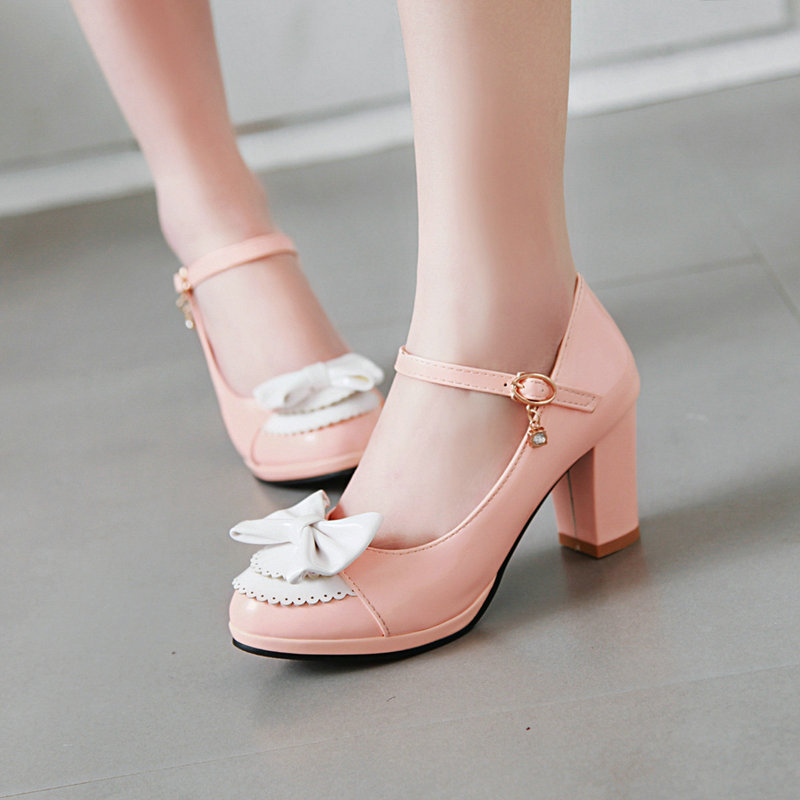 Foreign trade spring and autumn fresh fashion buckle thick heel shallow mouth sweet bow high heel single-layer shoes thick bottom 43 size plus size