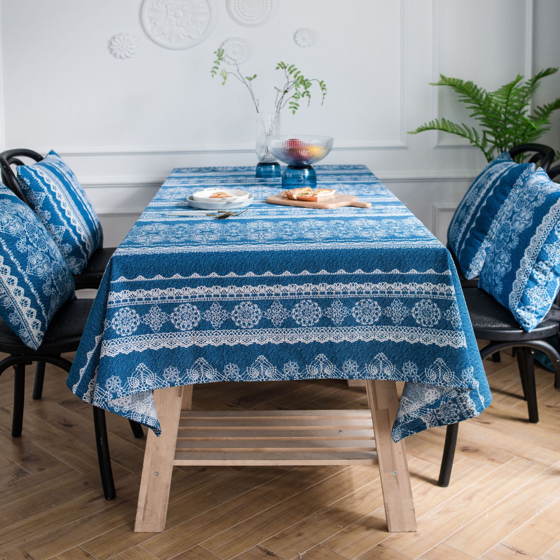 复古蓝色蕾丝印花桌布棉麻餐桌布野餐布白纸背景布咖啡店民宿