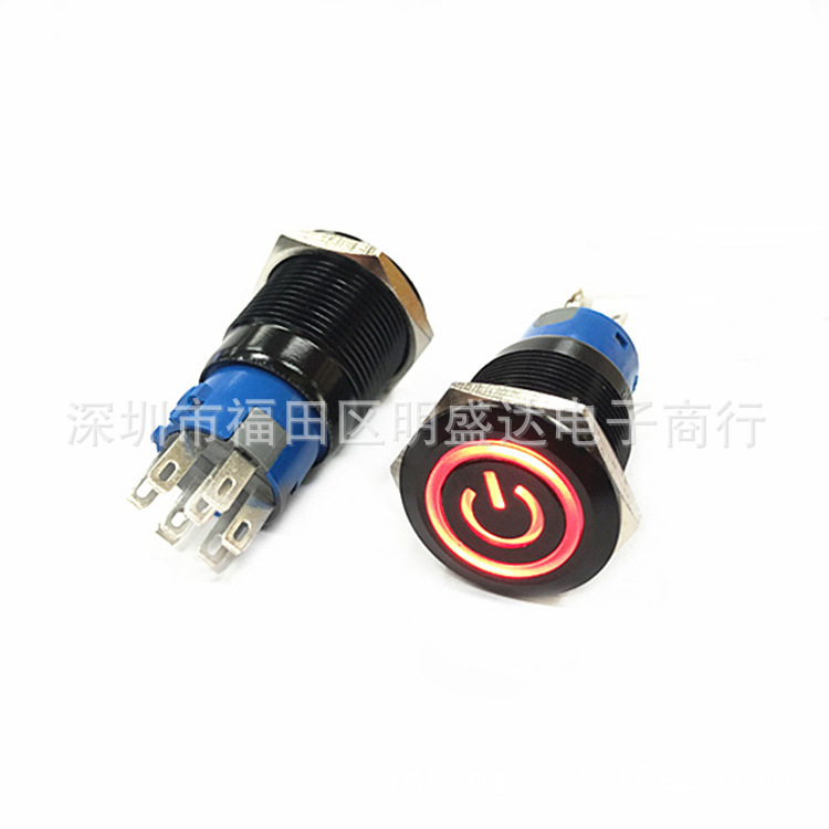 19MM金属按钮开关 双组电路 平头 复位 两组常开常闭 带灯 黑色壳