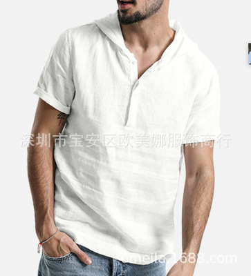2019速賣通wish男士純色棉麻短袖連帽襯衫上衣