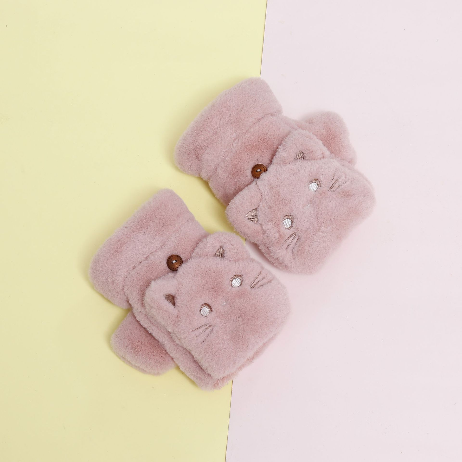 翻盖冬季保暖女士手套 学生可爱卡通猫加绒加厚户外半指触屏手套