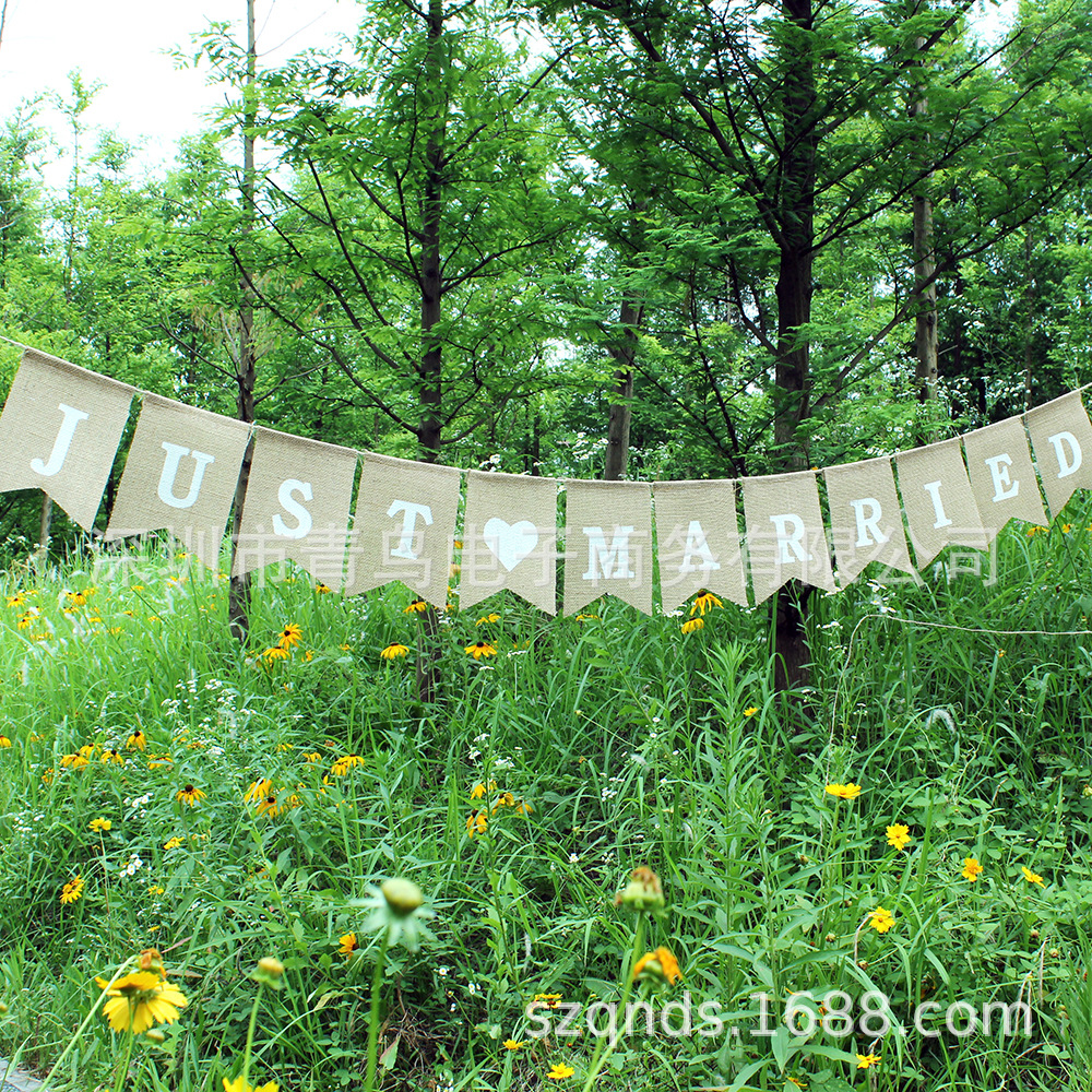 Just married欧美派对婚礼装饰用麻布燕尾拉旗 DIY环保麻布拉旗