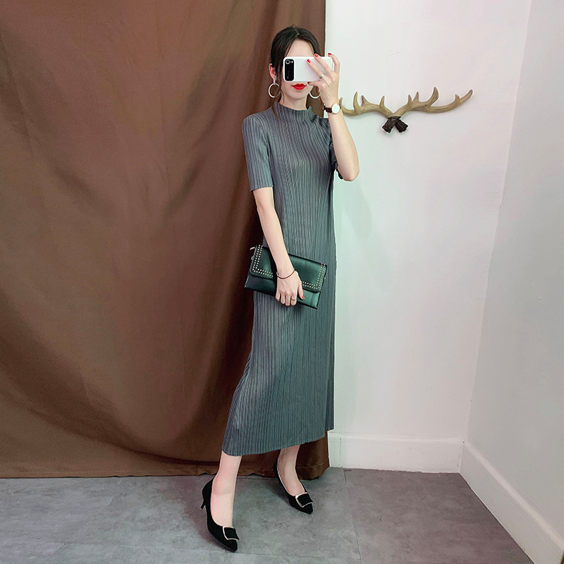 Pleated dress mid-length short sleeve straight skirt slimming elegant pleated autumn bottoming skirt plus size women