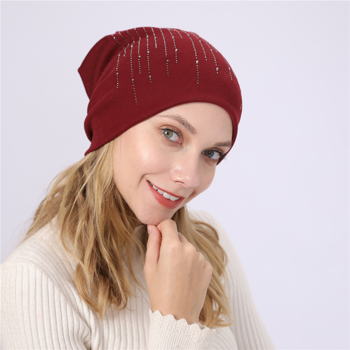 M965 nouveau automne/hiver Couple pull Double couche Imitation cachemire chaud diamant coton tissu chaud clair de lune chapeau_voghion.com