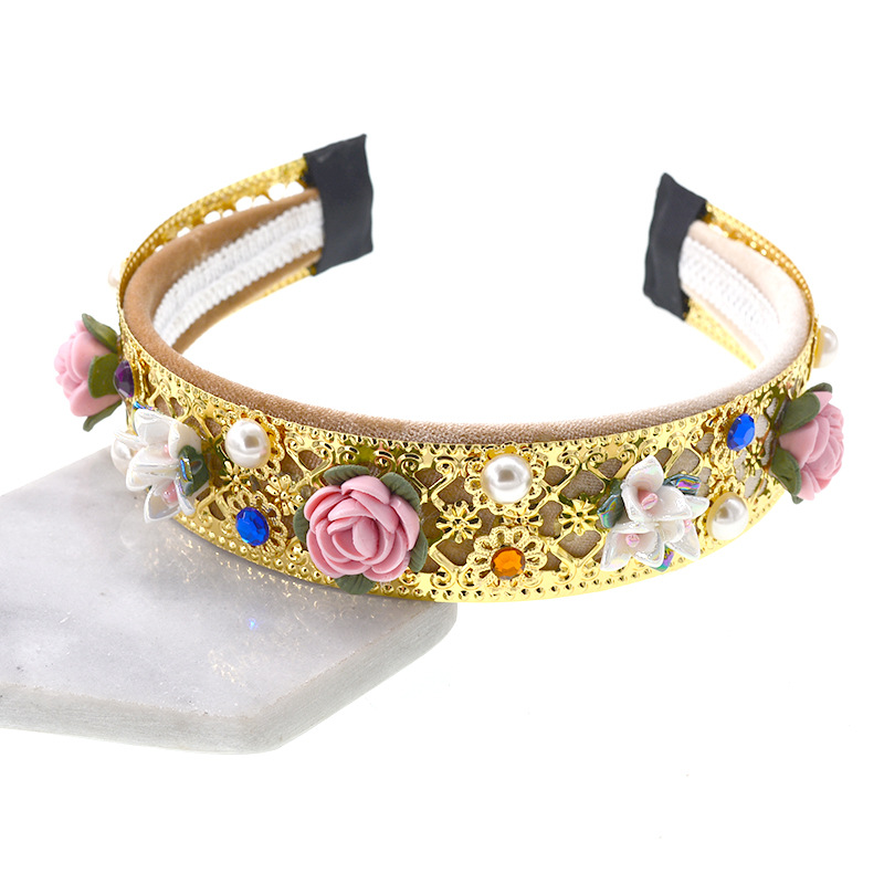 Exaggerated European and American Baroque ceramic flower Crystal Gem Pearl flower headband hairpin female catwalk crown hair accessories