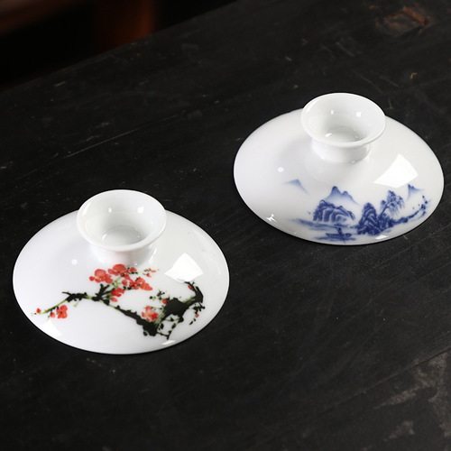 Large high white ceramic tea lid, blue and white porcelain covered bowl, tea set single lid, Sancai tea bowl accessories