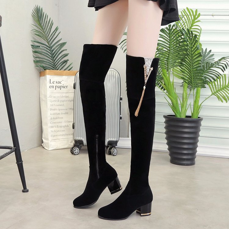 Large Size Autumn and Winter Martin Boots 2019 European and American New Over-the-knee Elastic Boots Women's Suede Mid-heel Foreign Trade Round Head Thick Heel