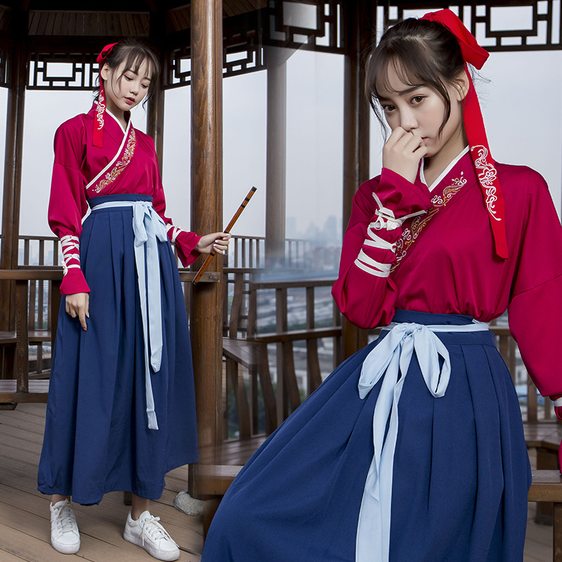 原创 实拍传统汉服绣花交领襦裙日常武侠风表演服情侣装CP装团服