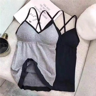 新品爆款无缝V领网红拼接显瘦背心性感交叉美背带胸垫打底吊带