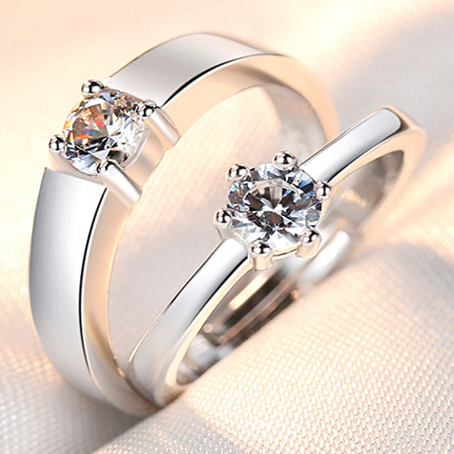Cross-border European and American silver jewelry open couple ring female Korean version zircon wedding diamond ring live mouth pair ring fashion