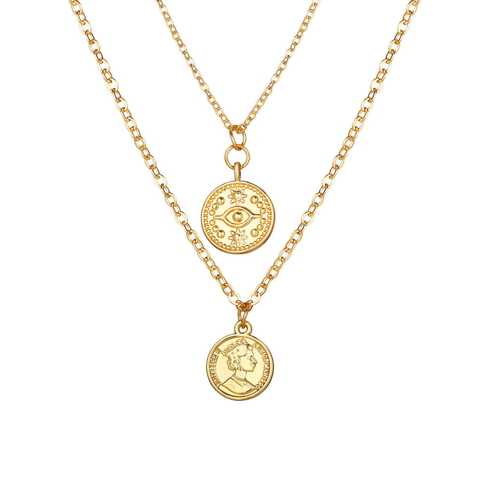 Coin Double Pendant Necklace Europe And America Creative Retro Simple Casual Seal Head Clavicle Chain