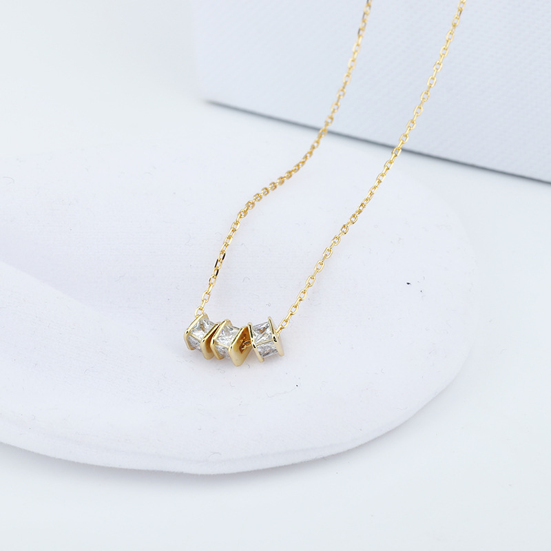 

s925 sterling silver square necklace female inlaid zircon simple fresh short three geometric pendant clavicle chain student jewelry
