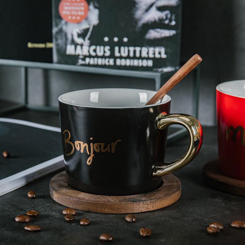 Taza de café de cerámica taza de agua con taza de nuez cucharada LOGO personalizado