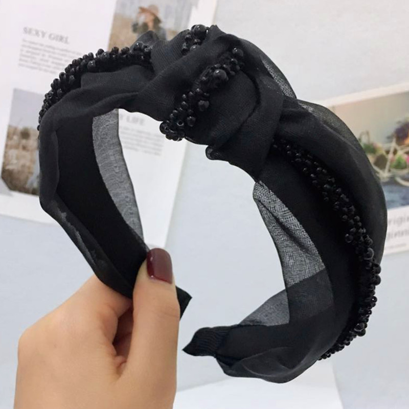 New Mesh Gauze Headband Korean Middle Knot Single Row Bead Wide Edge Simple Headband display picture 5