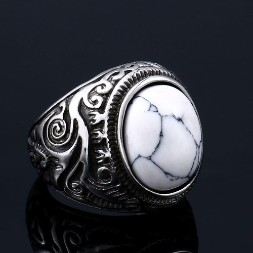 Beier Cross-border Wholesale Titanium Steel Ring for Men in Europe and America, Vintage Stainless Steel with Gemstone Inlay and Engraved Band Hand Accessory