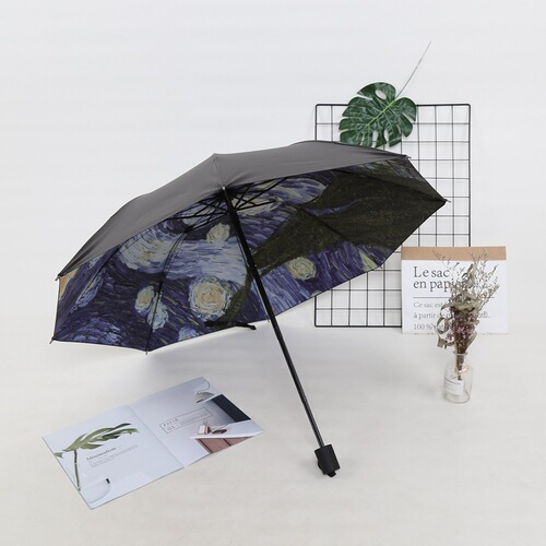 Star Sky Umbrella Van Gogh Oil Painting Umbrella Sun Protection UV Blocking Tri-Fold Black Rubber Sunshade Umbrella Sunny Rain Umbrella Creative Umbrella