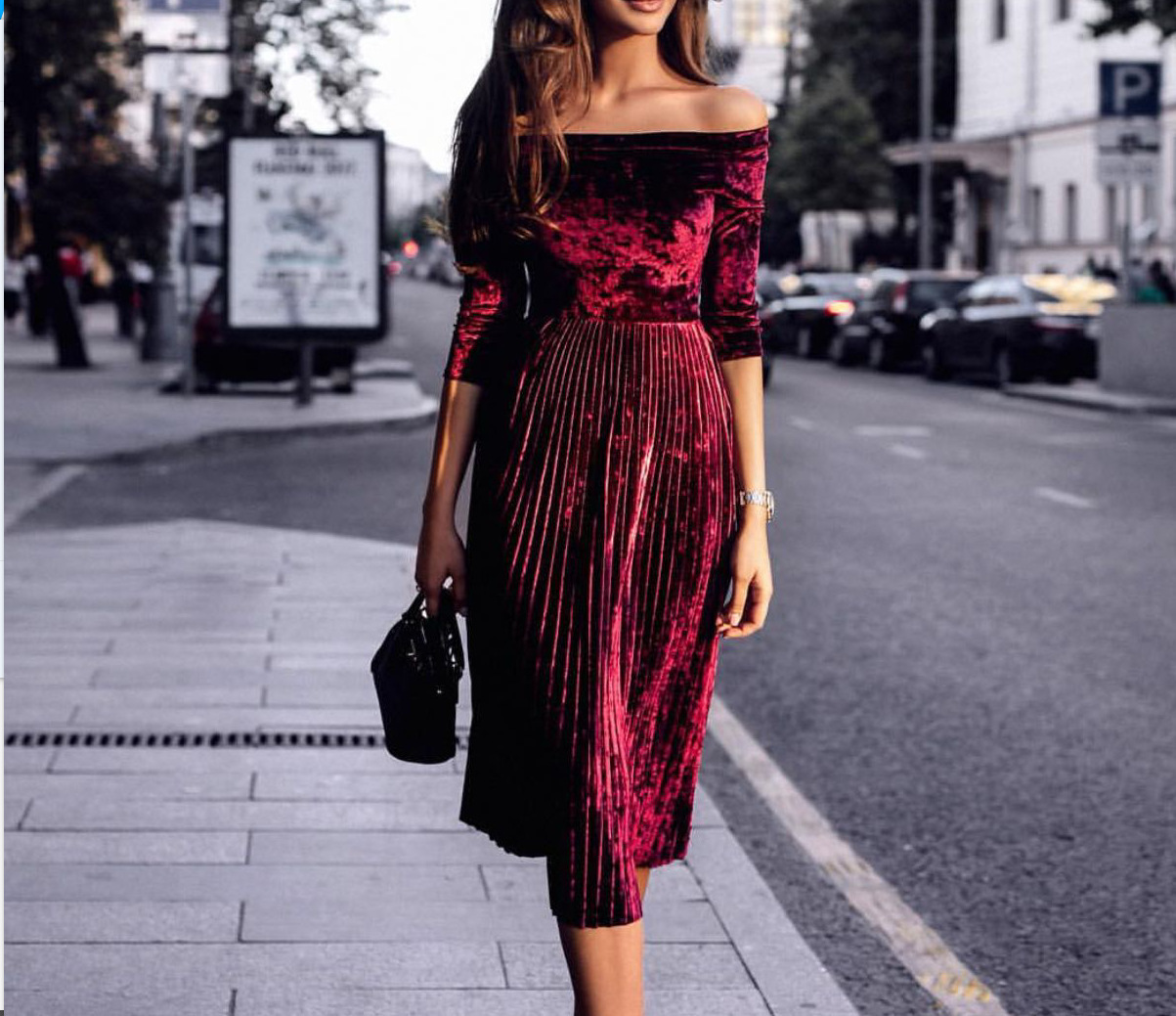 2020ebay亚马逊新款女装 欧美一字肩压褶绒四分袖长款连衣裙