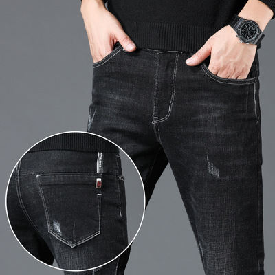 2019秋冬新款牛仔裤男修身小直筒韩版潮流青年弹力黑色长裤子批发|ms