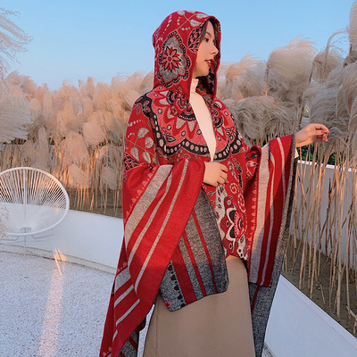 春秋民族风斗篷连帽大披肩秋冬加厚保暖针织尼泊尔旅游拍照围巾女|ms