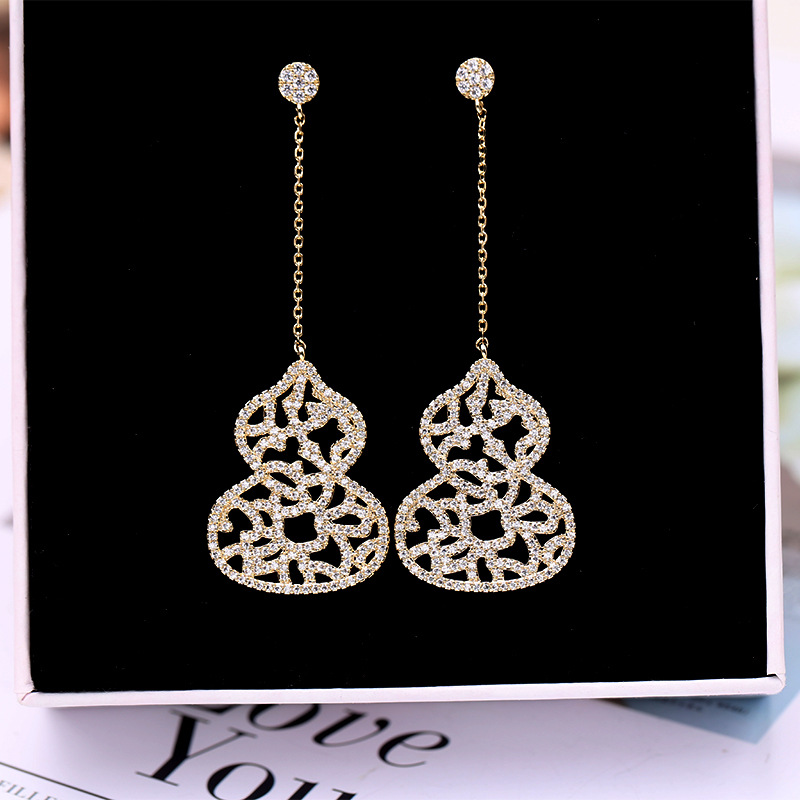 Earrings Large Gourd Long Silver Needle Earrings Lace Hollow Earrings Zircon Long Earrings Wholesales  Fashion display picture 13