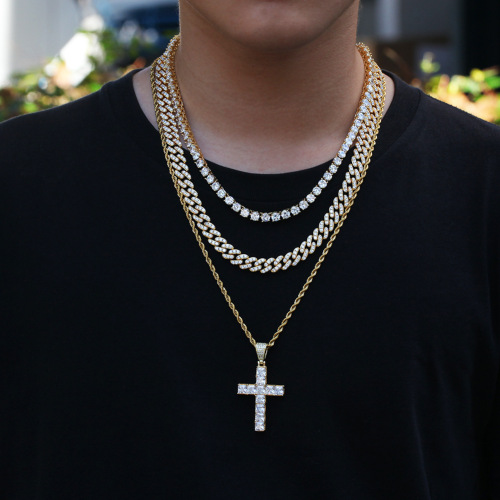 Cross-border hot selling hip-hop square zircon cross necklace European and American punk personality male and female couple pendant accessories
