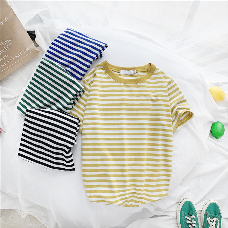 Polyester Fabric Type Regular Top Length T-shirt Tops Type Daily Occasion Round Neck Neckline Wholesale Women'S Casual Stripe Short Sleeve Printing T-Shirts