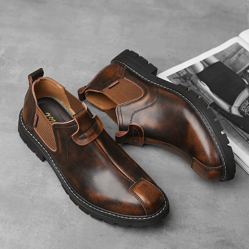 2024, весенне-осенняя новая мужская обувь, модная рабочая обувь без шнуровки в корейском стиле, мужская повседневная кожаная обувь в клетку с большим носком