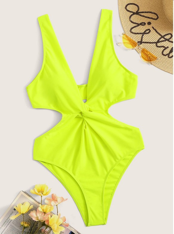 chest twist solid color one-piece swimwear NSHL52255