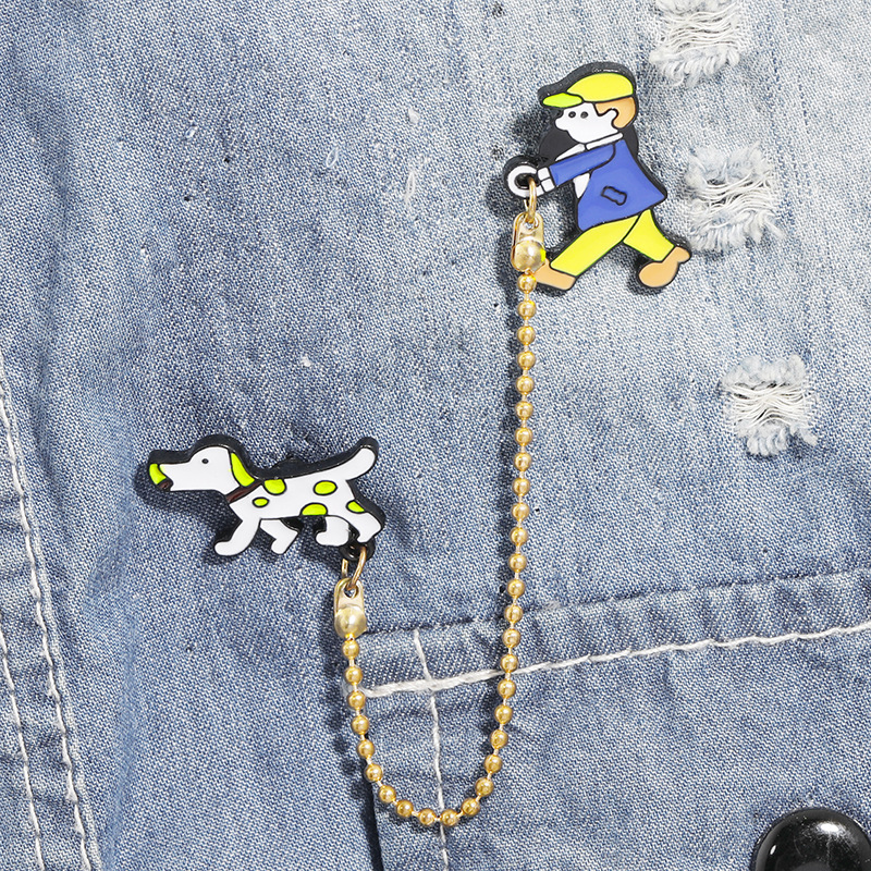 Cartoon Cute Boy Walking Dog Brooch display picture 2