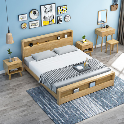 北欧实木床1.5米1.8m双人床简约现代卧室储物抽屉气压床厂家直销