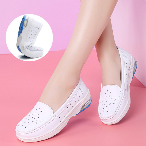  Nurse Shoes for Women, Soft Sole, Summer, Breathable, Casual, Flat Design, Comfortable—2019 New Arrival, Summer Style, Hollowed-Out Cowhide in White