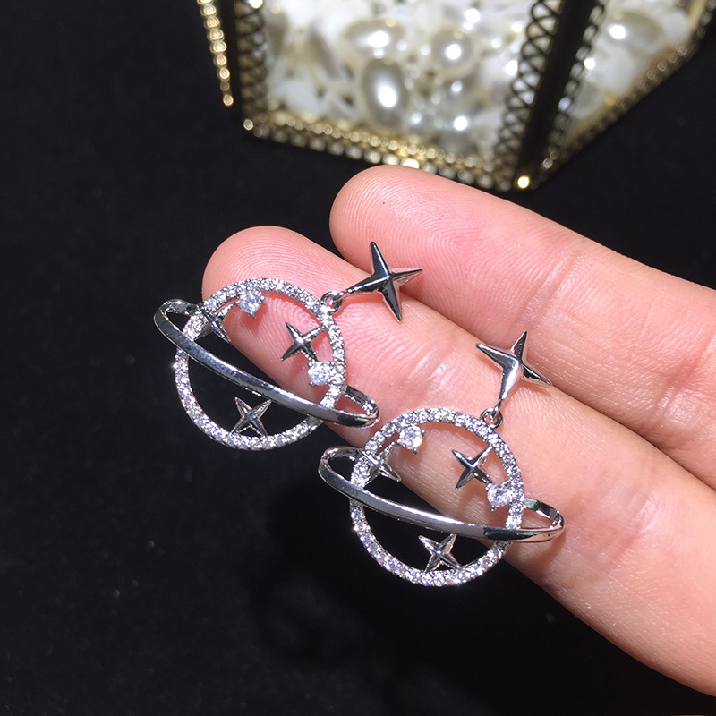 S925 Silver Needle Star Moon Aretes Circulares Pendientes Planet display picture 5