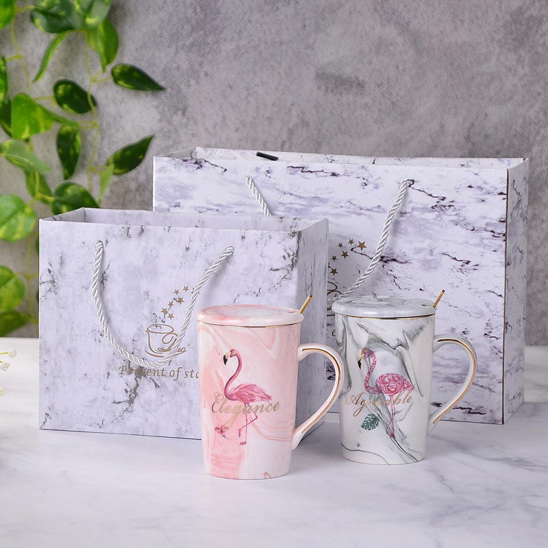 Northern Europe Flamingo Marbling Outline in gold ceramics Mug With cover Couples Cup gift On behalf of