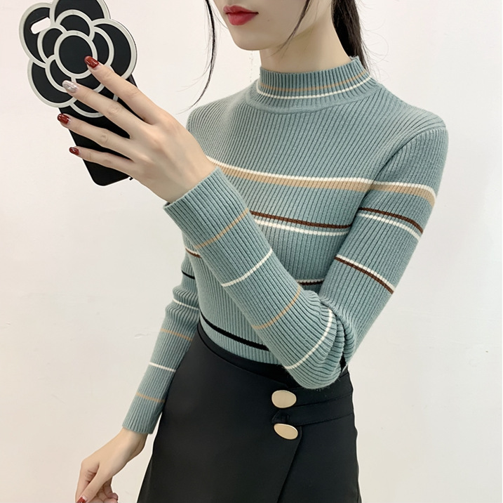2019半高领条纹针织衫女秋冬季新款修身打底衫毛衣女长袖百搭上衣|ms