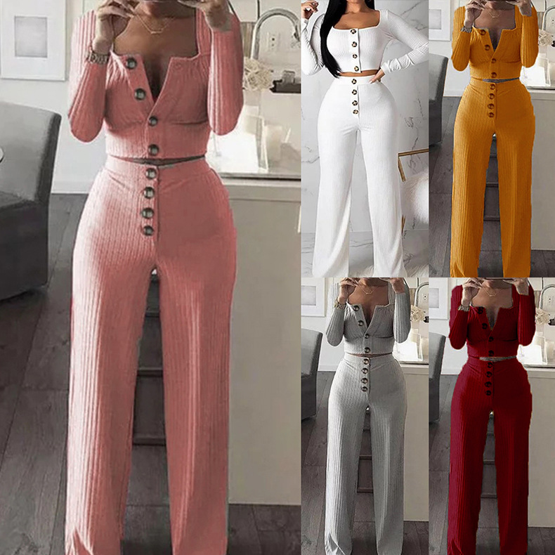 Women's Fashion Solid Color Polyester Rib Fabrics Patchwork Pants Sets display picture 1