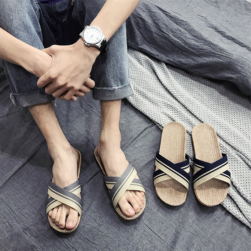 Linen slippers men's summer home non-sli...