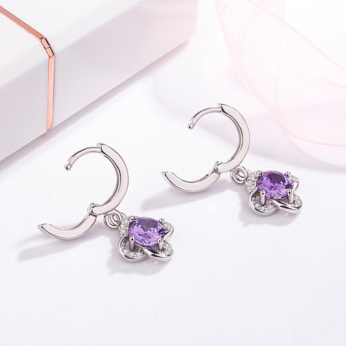 Korean version of the new sparkling diamond four-leaf clover long earrings for women with zircon purple diamond earrings sweet temperament fashion jewelry